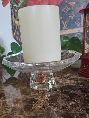Crystal Glass Filled Swarovski Crystal Candle Holder w/Pillar Candle 5"Wx2"H New